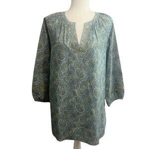 Lands End Womens M 10-12 Paisley Tunic Top Split V-Neck Ladder Stitch Boho